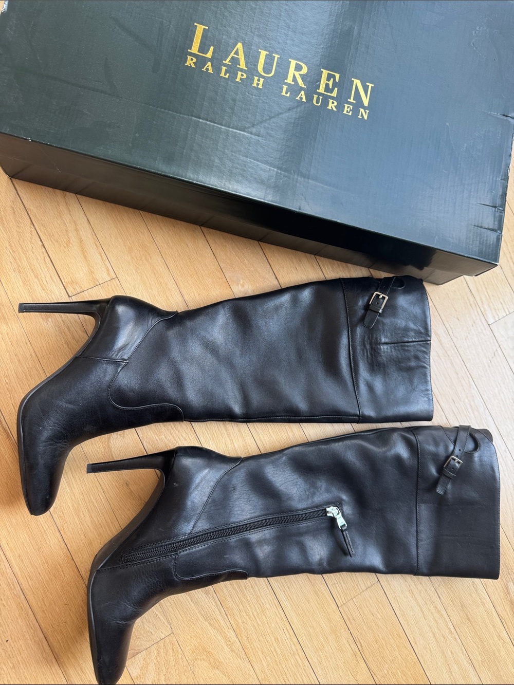 Lauren Ralph Lauren Black Leather Knee-High Stiletto Boots with Buckle